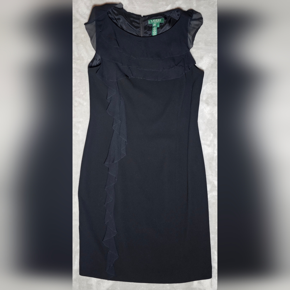 Lauren Ralph Lauren Black Lined A-line dress w/silk ruffle trim Size 12‎ 1 Vent